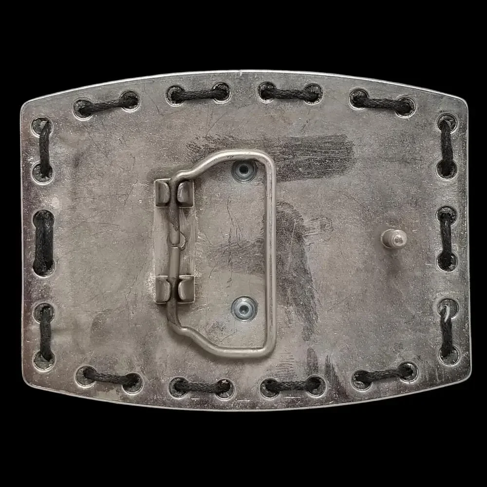 Vintage Belt Buckle Black Leather‎ Metal Back Fleur De Lis Goth Unisex